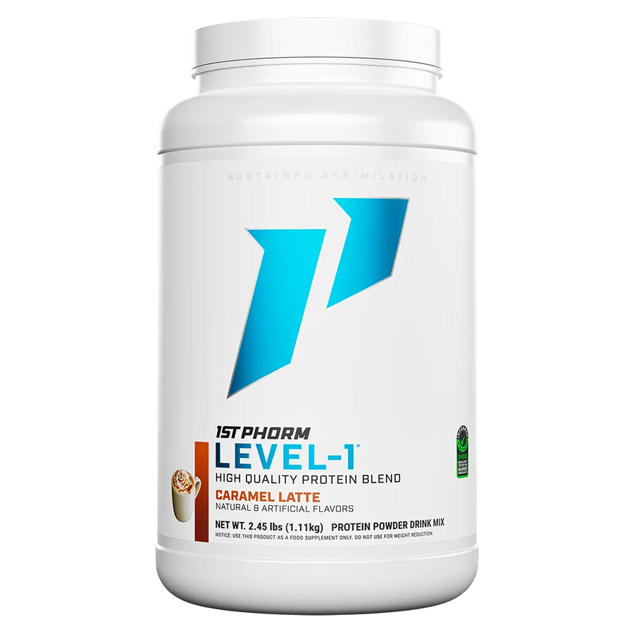 Caramel latte 1st Phorm Level 1 protein powder at Fitness Society - sustained assimilation protein blend available at our health store and supplement store near you in Melbourne, Florida"